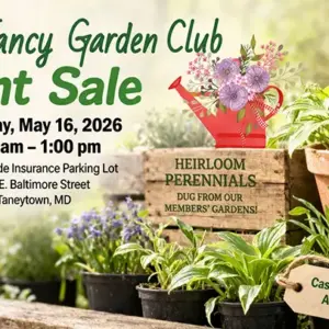 Promotional banner for Silver Fancy Garden Club Plant Sale with plants and a cartoon girl; Sat May 16, 2026, 9–1, 441 E. Baltimore St, Taneytown, MD; cash/checks accepted.