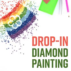 Logo for Drop-In Diamond Painting: a rainbow diamond-painting design with scattered colored beads and the text 'DROP-IN' in red and 'DIAMOND' in green.