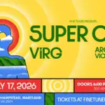 Bright yellow concert poster with a stylized blue figure and green hills, advertising ‘SUPER CITY VIRG ARGO AND THE VIOLET QUEENS’ and showing Friday July 17, 2026, doors 6 PM, tickets at finetunedpresents.com, Greenmount Bowl Hampstead, MD.