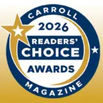 Circular badge that says 'Carroll 2026 Readers’ Choice Awards Magazine' with a gold star and blue ring design.