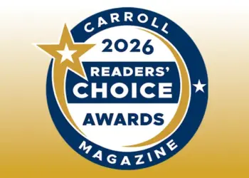 Circular badge that says 'Carroll 2026 Readers’ Choice Awards Magazine' with a gold star and blue ring design.