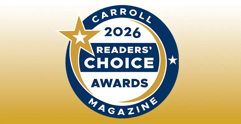 Circular badge that says 'Carroll 2026 Readers’ Choice Awards Magazine' with a gold star and blue ring design.