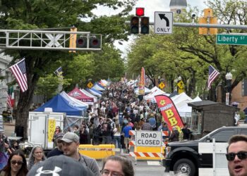 Crowded street festival with vendor tents, American flags, and signs reading ROAD CLOSED along a tree-lined avenue.