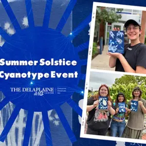 Promotional blue poster for the Summer Solstice Cyanotype Event at The Delaplaine Arts Center, with a photo strip of participants holding cyanotype prints.