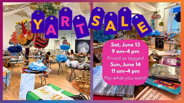 Art sale setup in a craft-filled room; purple price-tag signs spell ART SALE across the scene.