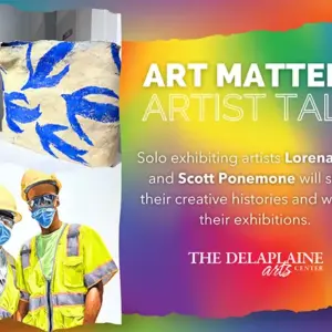 Colorful poster for Art Matters: Artist Talk featuring Lorena Long and Scott Ponemone sharing their creative histories, with photos of two workers and artwork.