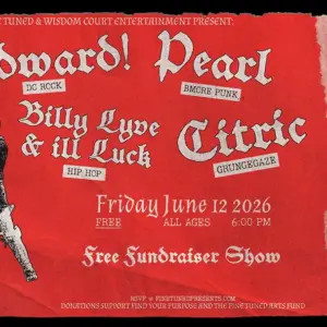 Poster for a Friday June 12, 2026 fundraiser show with acts VEMPard! Pearl, Billy Lyve & all Luck, Citric, at Westminster Skatepark (Free, all ages).