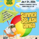 Bright beach party poster for Summer Splash Bingo with a sunglasses-wearing sheep on a chair, a colorful beach ball, umbrella, and lemonade on sand.