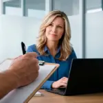 Businesswoman sits at a desk with a laptop, listening as a colleague takes notes on a clipboard in a modern office.