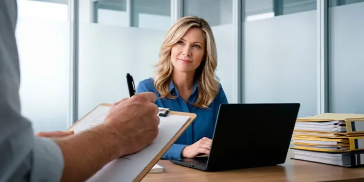 CCWFD_JobFairs_FeaturedImage - Carroll News | Carroll Publications | Carroll County, MD Businesswoman sits at a desk with a laptop, listening as a colleague takes notes on a clipboard in a modern office.