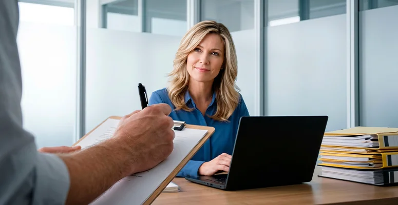 Businesswoman sits at a desk with a laptop, listening as a colleague takes notes on a clipboard in a modern office.