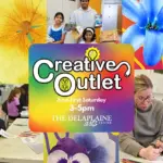 Colorful collage poster advertising 'Creative Outlet' with kids crafting and adults painting, noting date and time at The Delaplaine Arts Center.