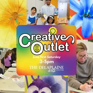 Colorful collage poster advertising 'Creative Outlet' with kids crafting and adults painting, noting date and time at The Delaplaine Arts Center.