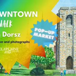 Colorful poster advertising Downtown ArtWalk with Tom Dorsz's watercolor and photographs, promoting a pop-up market at The Delaplaine Arts Center.