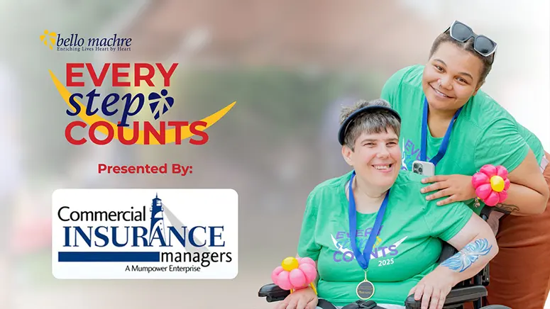 Banner for Every Step Counts event; two smiling volunteers, one in a wheelchair, wearing green shirts; sponsors include Commercial Insurance Managers and Bello Machre logos.