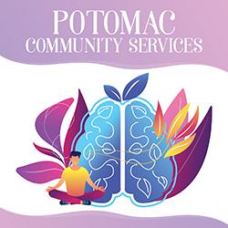 Potomac Community Services logo with the name at the top, featuring a stylized blue brain framed by colorful leaves and a person meditating nearby.