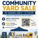 Poster promoting Liberty Music Community Yard Sale: Saturday, June 13 at 8:30 AM, at Liberty High School, 5855 Bartholow Road, Eldersburg, MD 21784; $25 for a 15' x 18' spot (two parking spaces); QR code to reserve a spot; contact email LHSIMBYARDSALE@GMAIL.COM; includes a blue canopy selling items with signs reading "Rain or Shine!" and decorative market scene.