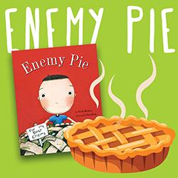 Cartoon red book titled 'Enemy Pie' leaning against a steaming lattice-topped pie on a bright green background, with a small cartoon boy on the book cover.