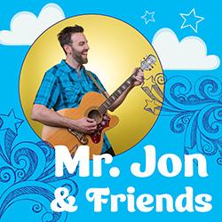 Man playing acoustic guitar on a bright blue background with a yellow circle; text reads 'Mr. Jon & Friends'.