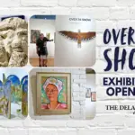 Poster-style collage advertising the 'Over 70 Show' exhibition opening at The Delaplaine Arts Center, with four artwork images.