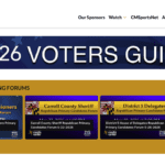 Website header for Community Media Center with a 2026 Voters Guide banner and an Upcoming Forums section showing three candidate-forum cards (District 2, Carroll County Sheriff, District 5 Delegates).