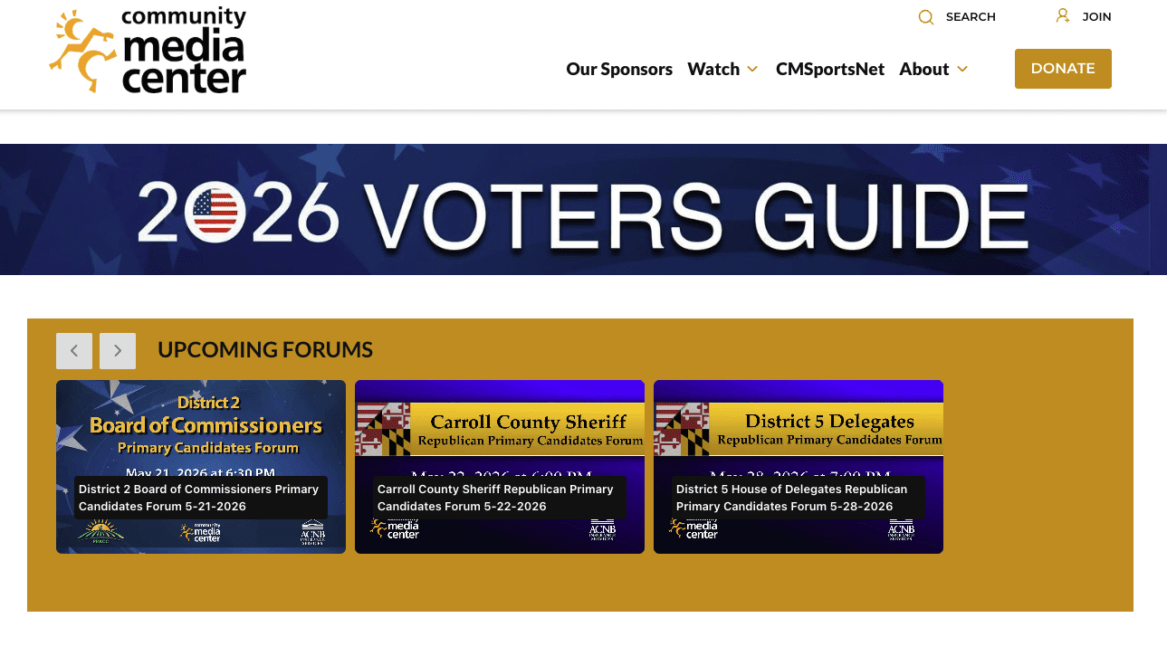 Website header for Community Media Center with a 2026 Voters Guide banner and an Upcoming Forums section showing three candidate-forum cards (District 2, Carroll County Sheriff, District 5 Delegates).