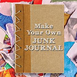 Brown craft notebook with visible stitching on the spine and the text 'Make Your Own Junk Journal' on the cover, set on a colorful torn-paper collage background.